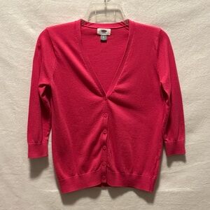 Old Navy Womens Cardigan Sweater  XS Pink Fuchsia V Neck Button Front 3/4 Preppy